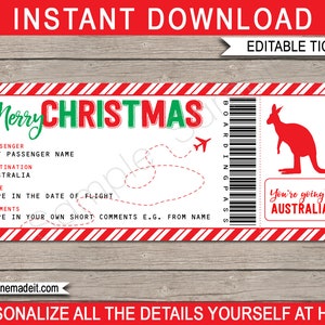 Modelo de cartão de embarque na Austrália - Presente de Natal para impressão - Bilhete de avião falso - Férias de viagem surpresa - DOWNLOAD INSTANTÂNEO - Texto EDITÁVEL