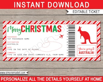 Australia Boarding Pass Template - Printable Christmas Gift - Fake Plane Ticket - Surprise Trip Holiday - INSTANT DOWNLOAD - EDITABLE text