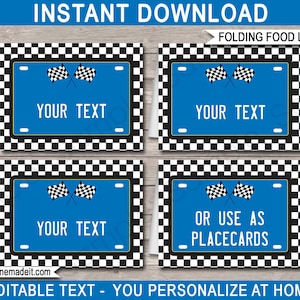 Puede incluir: Cuatro etiquetas de comida imprimibles con un fondo de tablero de ajedrez en blanco y negro. Cada etiqueta presenta una placa de matrícula azul con un diseño de bandera a cuadros y el texto "YOUR TEXT". La última etiqueta dice "OR USE AS PLACECARDS".