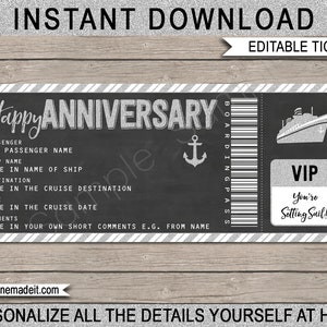 Printable Cruise Ticket Gift Anniversary Gift Voucher Certificate Coupon Fake Boarding Pass Surprise Cruise EDITABLE TEXT DOWNLOAD image 1