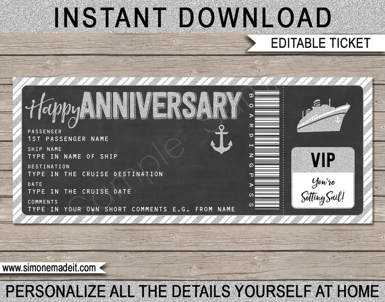 Printable Cruise Ticket Gift Anniversary Gift Voucher Certificate Coupon Fake Boarding Pass Surprise Cruise EDITABLE TEXT DOWNLOAD image 1