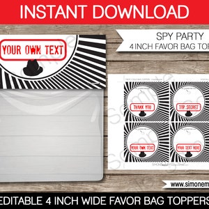 Spy Party Favor Bag Toppers: Editable Text (Digital Download)
