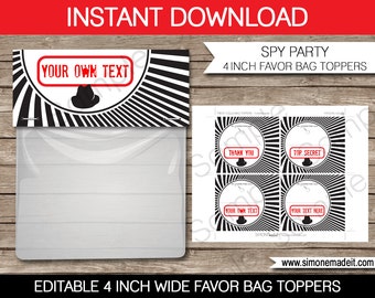 Spy Party Favor Bag Toppers - 4 inches wide - Secret Agent - INSTANT DOWNLOAD with EDITABLE text - you personalize at home with Adobe Reader