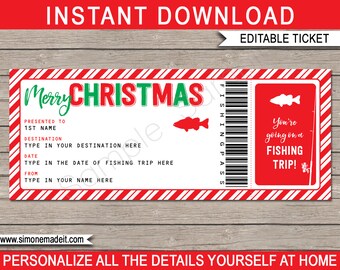 May include: A red and white striped printable Christmas gift certificate for a fishing trip. The text reads "Merry Christmas" and "You're going on a fishing trip!"
