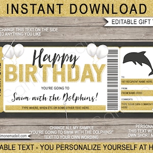 Swim with Dolphins Gift Certificate Voucher Ticket Template, Printable Birthday Experience, DIY Coupon - EDITABLE Text DOWNLOAD