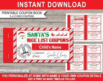 Santa Coupon Book Template - Printable Nice List Vouchers - Easy Stocking Stuffer - Christmas Gift for kids - INSTANT DOWNLOAD text EDITABLE