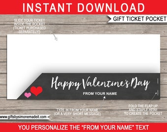 Printable Pocket Sleeve for Valentine's Day Gift Tickets, Vouchers - Type your name & print - INSTANT DOWNLOAD with EDITABLE text