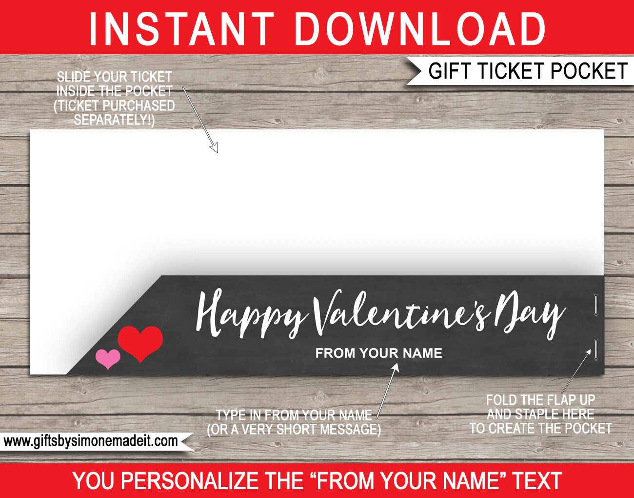 Printable Pocket Sleeve for Valentine's Day Gift Tickets, Vouchers - Type your name & print - INSTANT DOWNLOAD with EDITABLE text
