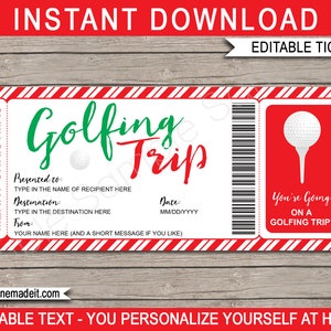 Surprise Golfing Trip Ticket Vorlage - Druckbare Weihnachtsgeschenkgutschein Pass Zertifikat - INSTANT DOWNLOAD mit EDITIERBARE Text