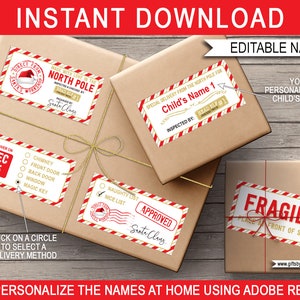 Etiquetas do Papai Noel, etiquetas para presentes de Natal, do conjunto de adesivos do Papai Noel, modelo para impressão do Pólo Norte - DOWNLOAD INSTANTÂNEO com nomes EDITÁVEIS