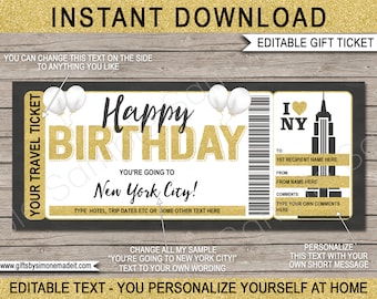 New York Ticket Template Gift Voucher Certificate - Printable Birthday Trip Reveal Boarding Pass - Holiday Vacation Getaway - EDITABLE text