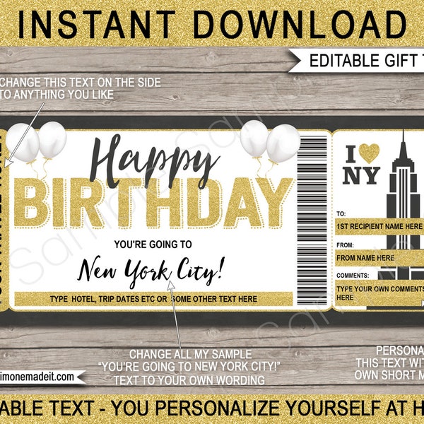 New York Ticket Template Gift Voucher Certificate - Printable Birthday Trip Reveal Boarding Pass - Holiday Vacation Getaway - EDITABLE text