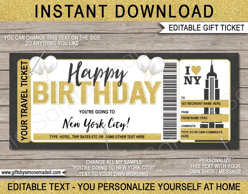 New York Ticket Template Gift Voucher Certificate EDITABLE text Printable Birthday Trip Reveal Boarding Pass Holiday Vacation Getaway