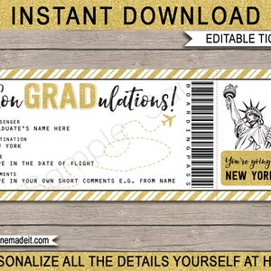 New York Bordkarte Abschlussgeschenk Druckbares Flugticket - Überraschungsreise nach dem Studium - INSTANT DOWNLOAD mit EDITIERBARE Text - Sie bearbeiten