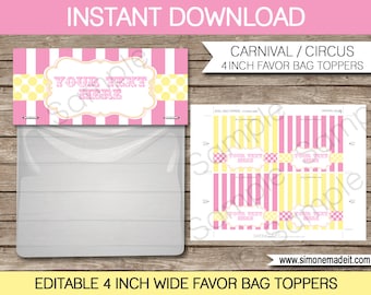 May include: Printable 4 inch wide favor bag toppers with a pink and yellow striped design. The toppers feature a yellow polka dot border and a white banner with the text "YOUR TEXT HERE".