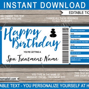 Spa Gift Certificate Voucher Coupon Printable Birthday Template - Massage Facial Body Wrap Scrub Manicure Pedicure Treatment - DOWNLOAD