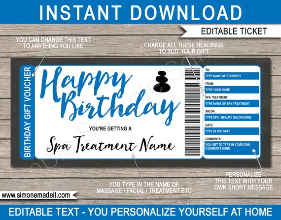 Spa Gift Certificate Voucher Printable Birthday Template - Massage Facial Body Wrap Scrub Manicure Pedicure Treatment - INSTANT DOWNLOAD Il_570xn