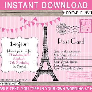 Modelo de convite de Paris - cartão postal para impressão, convite de festa de aniversário - cartão postal para tema de Paris - DOWNLOAD DE TEXTO EDITÁVEL - você personaliza