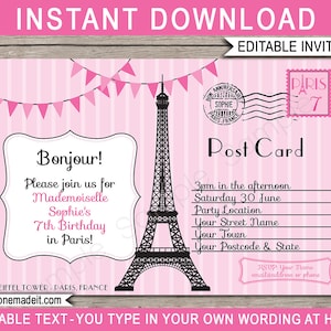 Paris Invitation Template Printable Postcard Birthday Party Invite Post Card to Paris Theme EDITABLE TEXT DOWNLOAD you personalize image 1