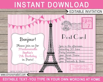 Paris Invitation Template - Printable Postcard Birthday Party Invite - Post Card to Paris Theme - EDITABLE TEXT DOWNLOAD - you personalize