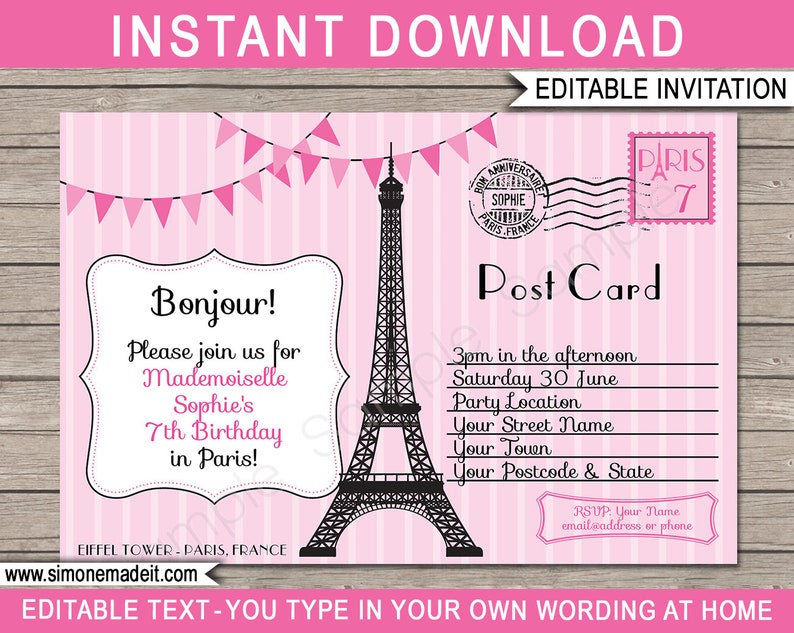 Paris Invitation Template Printable Postcard Birthday Party Invite Post Card to Paris Theme EDITABLE TEXT DOWNLOAD you personalize image 1