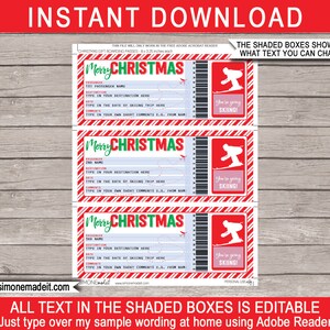 K&ouml;nnte beinhalten: Weihnachts-Geschenkgutscheine mit einem rot-wei&szlig;en Zuckerstangenrand. Jeder Pass enth&auml;lt den Text "Merry Christmas" in Gr&uuml;n, Platz f&uuml;r Passagierdetails und ein rotes Feld mit einer Skifahrer-Grafik und dem Text "You're going SKIING!"