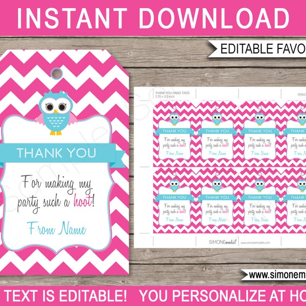 Owl Favor Tags Template - Printable Birthday Party Thank You Tags - Baby Shower Tags - INSTANT DOWNLOAD with EDITABLE text