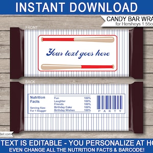 May include: Printable baseball-themed candy bar wrappers for Hershey's 1.55 oz bars. The front of the wrapper features two crossed baseball bats with the text "Your text goes here". The back of the wrapper has a nutrition facts label with a barcode and the word "PARTY".