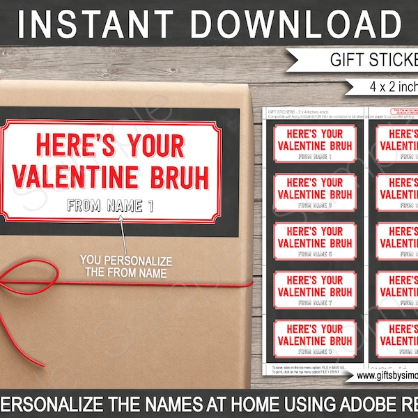 Older Kid Valentine Gift Labels Template Printable - Bruh Stickers Tags - Boys Teen - School Kids Class - INSTANT DOWNLOAD - EDITABLE Names