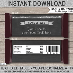 Graduation Party Candy Bar Wrappers - Silver Glitter & Chalkboard - INSTANT DOWNLOAD with EDITABLE text - you personalize at home