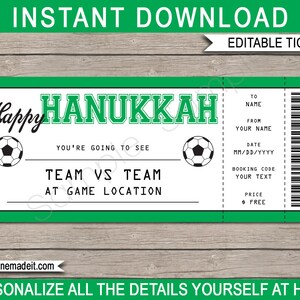 Soccer Game Ticket Hanukkah Gift - Surprise Ticket to a Soccer Football Game - Printable template - INSTANT DOWNLOAD - EDITABLE Gift Voucher