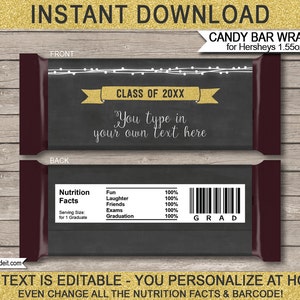 Graduation Candy Bar Wrappers - Gold Glitter & Chalkboard - Grad Favors - Graduation Party - Any Year - INSTANT DOWNLOAD with EDITABLE text