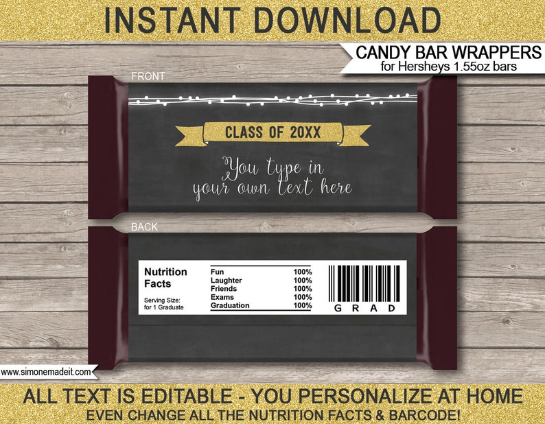 Graduation Candy Bar Wrappers Gold Glitter & Chalkboard Grad Favors Graduation Party Any Year INSTANT DOWNLOAD with EDITABLE text image 1