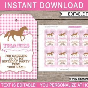 Horse Favor Tags Template - Printable Birthday Party Thank You Tags - INSTANT DOWNLOAD with EDITABLE text - you personalize