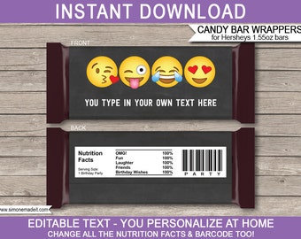 Emoji Theme Party Candy Bar Wrappers Template - Printable Birthday Favors - Chocolate Label Decorations - Valentine - EDITABLE TEXT DOWNLOAD