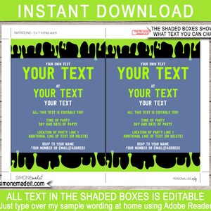 May include: Editable invitation template with a black and green slime design. The text reads "Your Text" in green and "At Your Text" in white. The template is 5 x 7 inches.