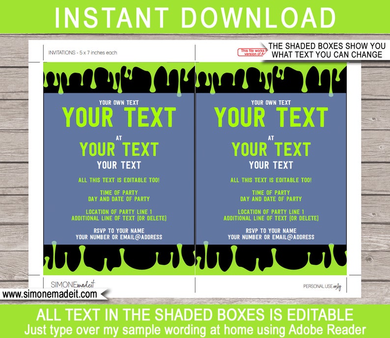 May include: Editable invitation template with a black and green slime design. The text reads "Your Text" in green and "At Your Text" in white. The template is 5 x 7 inches.