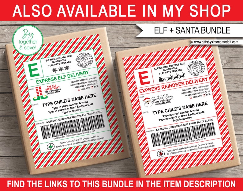 Christmas Shipping Labels Template Bundle - Realistic USPS Stickers - Large Gift Tags - North Pole Mail - Sleigh Mail Santas Workshop - Express Reindeer Delivery - Elf Express - Naughty or Nice List - EDITABLE Name & Address - INSTANT DOWNLOAD