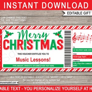 Musikunterricht Geschenkgutschein Zertifikat Ticket Vorlage Druckbares Weihnachtsgeschenk - Singen Gitarre Klavier Violine Schlagzeug - EDITIERBARER Text DOWNLOAD