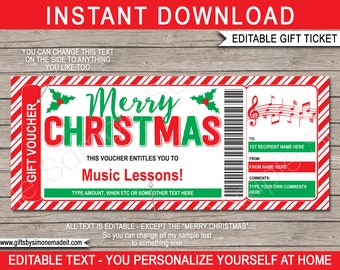 Music Lessons Gift Voucher Certificate Ticket Template Printable Christmas Gift - Singing Guitar Piano Violin Drums - EDITABLE text DOWNLOAD