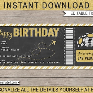 Carte d'embarquement anniversaire Las Vegas, faux coupon de billet d'avion imprimable - Voyage surprise révélateur à Las Vegas - Casino - TÉLÉCHARGEMENT DE TEXTE MODIFIABLE