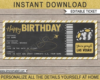 Las Vegas Birthday Boarding Pass Printable Fake Plane Ticket Coupon - Surprise Trip Reveal to Las Vegas - Casino - EDITABLE TEXT DOWNLOAD