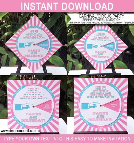Pink Carnival Invitation Template - Circus Birthday Party - INSTANT DOWNLOAD with EDITABLE text - you personalize at home Il_570xn