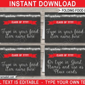 Graduation Food Labels - Graduation Placecards - Folding Buffet Food Tags - Red Chalkboard - Any Year - INSTANT DOWNLOAD with EDITABLE text