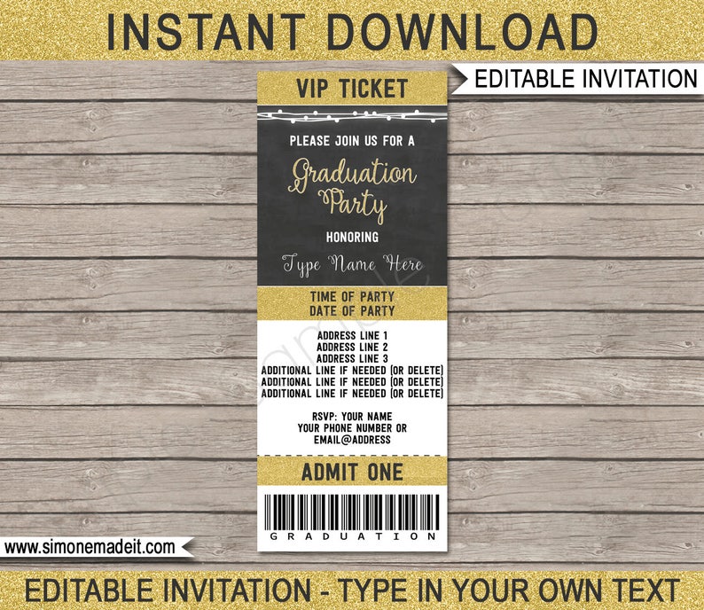 Graduation Ticket Invitation Template Grad Ticket Invite for AnyYear Gold Glitter & Chalkboard INSTANT DOWNLOAD with EDITABLE text image 1