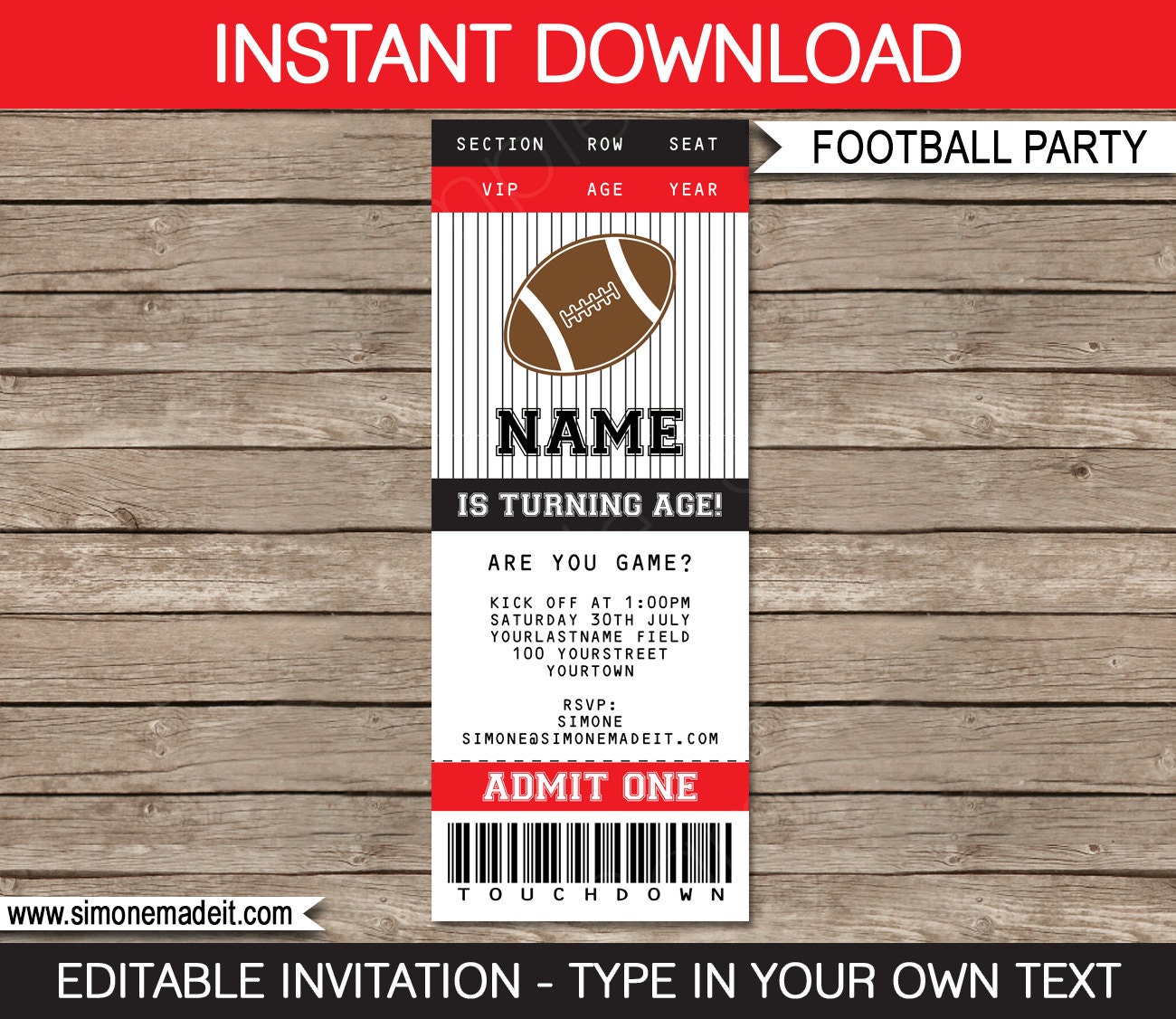Football Ticket Invitation Template Birthday Party Red And Etsy football-ticket-invitation-template-birthday-party-red-and-etsy