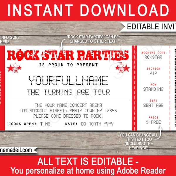 Rock Star Invitation Template - Printable Concert Ticket Invite - Rockstar Birthday Party Theme - INSTANT DOWNLOAD with EDITABLE text