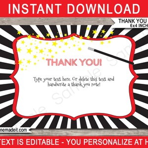 May include: Printable thank you note template with a red and black striped background, stars, and a magic wand. The text says "Thank You!" and "Type your text here. Or delete this text and handwrite a thank you note!" The note is 6x4 inches.