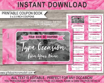 Coupon Book Template, Printable Personalized Coupons Gift Vouchers, Birthday Mom Anniversary Girlfriend Her - INSTANT DOWNLOAD text EDITABLE