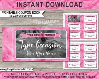 Coupon Book Template, Printable Personalized Coupons Gift Vouchers, Birthday Mom Anniversary Girlfriend Her - INSTANT DOWNLOAD text EDITABLE